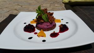 frozen vegan cheese cake with blueberries at Restaurant Quay in Mallorca