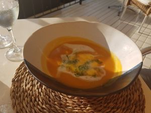 Sweet Potato, coconut soup at Restaurant Quay in Mallorca