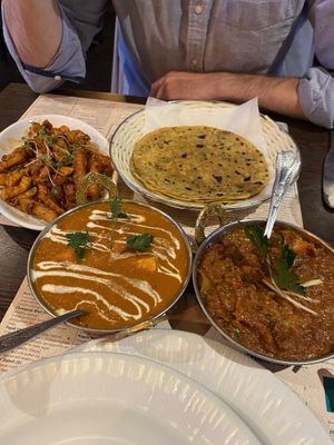 Masala chips, tofu makhani, ringan no oro  at Sanskruti Restaurant in Liverpool