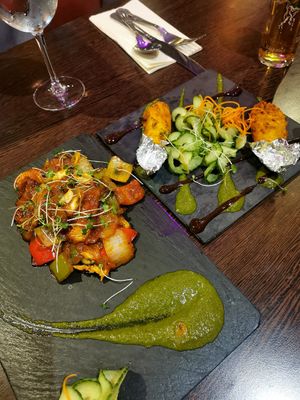 Baby corn manchurian (spicy) / can't remmeber the dish on right some kind of soya/ tofu skewer at Sanskruti Restaurant in Liverpool