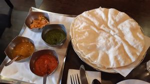poppadums with chutney tray at Sanskruti Restaurant in Liverpool