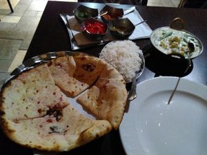 Curry, rice and naan at Sanskruti Restaurant in Liverpool