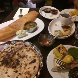An assortment of dishes -
Patra, Mushroom Dosa, Pani Puri, Dhokla. at Sanskruti Restaurant in Liverpool