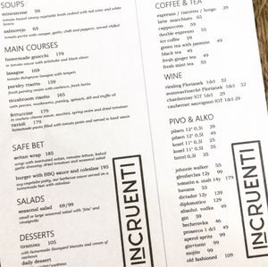 Blick auf die Speisekarte mit Preisen vom August 2017 at Incruenti in Prague
