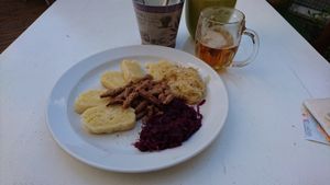 Sojové výpecky s cerveným a bílým zelím, domáci knedlik and a beer. The dish I think means dumplings, soy strips with white and red sour cabbage. at Incruenti in Prague