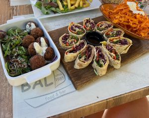 Vegan tortilla with soya sauce, sweet potato fries with vegan mayo and falafel with salad  at Balde Food & Bar in Biograd Na Moru
