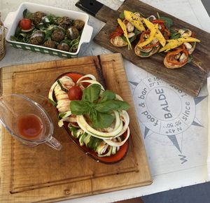 Zucchini pasta with tomato sauce, falafel and bruschetta with mushrooms and mango  at Balde Food & Bar in Biograd Na Moru