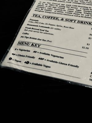 Menu clearly marked  at Cornish Pasty Co in Scottsdale