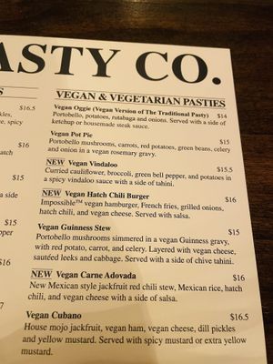 Vegan menu  at Cornish Pasty Co in Scottsdale