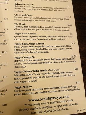 Vegetarian menu  at Cornish Pasty Co in Scottsdale
