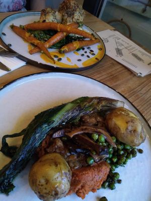 Main dishes on the evening menu - lots of vegetables and beautifully presented, cooked and seasoned!  at BROEI in Utrecht