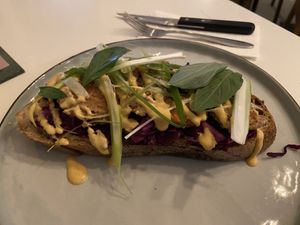 Tempeh sateh sandwich: tasty, but only the tempeh was warm  at BROEI in Utrecht