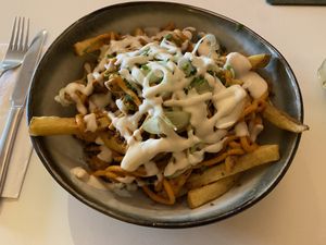 Loaded fries: very tasty, with minced soy and a spicy/creamy sauce  at BROEI in Utrecht