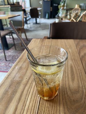 Homemade ice-tea with vlierbloesem and limoenblad: tasty  at BROEI in Utrecht