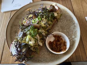 Spruitjes rendang: quite good, but no protein source. The Brussels sprouts still have a quite strong taste, despite the good seasoning. I prefer rendang with meatier substitutes. at BROEI in Utrecht