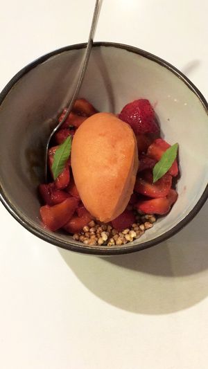 Sorbet and popped buckwheat at BROEI in Utrecht