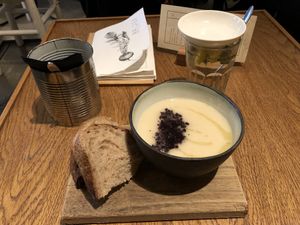 soup: white onion - venkel - black olives  at BROEI in Utrecht