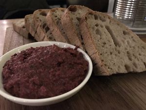 Beetroot tapenade with bread  at BROEI in Utrecht