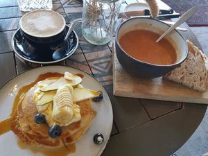 Vegan pancakes and soup with bread at BROEI in Utrecht