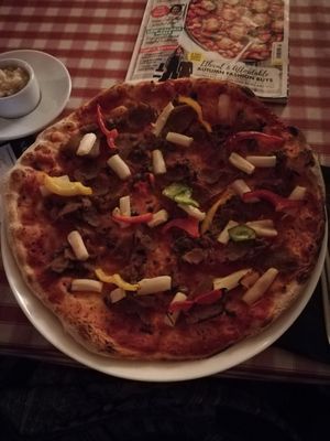 Pizza with asparagus, wild mushrooms, peppers and shaved seitan (vegan cheese is available but I opted out) at Pizzeria Napoli in Tampere