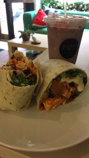 Buffalo tofu wrap and rose garden drink.  at Juniper Kitchen in Dover