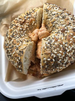 Bagel with sun-dried tomato spread abd tempeh bacon    at Juniper Kitchen in Dover