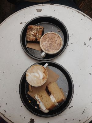 Biscoff Slice & Mocha, Latte & their special birthday cake  at The Canvas: Shoreditch in East London