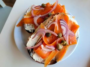 Bagel with cream cheese and "salmon" (made from carrots) at The Canvas: Shoreditch in East London
