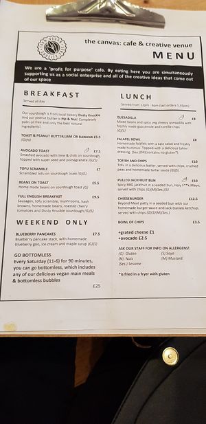 Menu at The Canvas: Shoreditch in East London