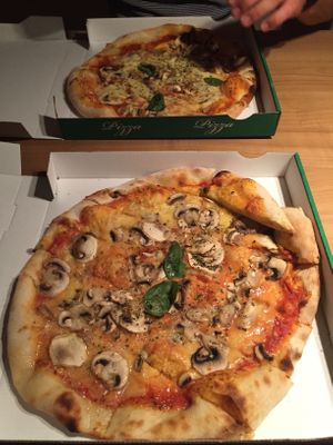 front; vegan funghi / back; vegetarian funghi  at Pizzeria Schlaflos in Frankfurt