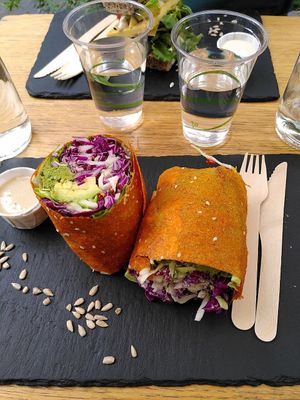Classic wrap, 9,50€. Nice and satiating, served with a delicious cashew cream  at #RAW VEGAN FIRENZE in Florence