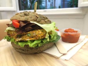 Raw Vegan Burger on a buckwheat bun. Gluten free, 100% vegan, and 1000% delicious!!! at #RAW VEGAN FIRENZE in Florence