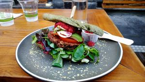 Burger with buckwheat bread at #RAW VEGAN FIRENZE in Florence