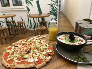 Chickpea pizza, Thai Soup, Immunity drink  at #RAW VEGAN FIRENZE in Florence