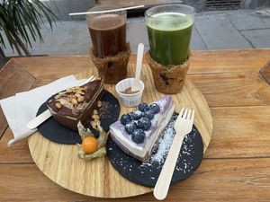 Matcha & Carob Coffee & Blueberry Cake & Chocolate Peanut Cake  at #RAW VEGAN FIRENZE in Florence