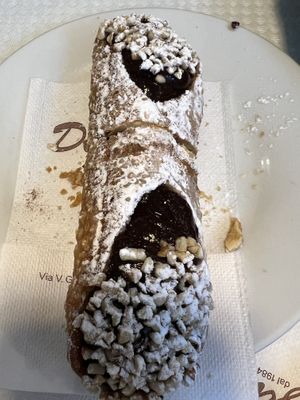The vegan chocolate cannolo - the only vegan cannolo we found in Sicily   at Bar Dolcezza in Catania