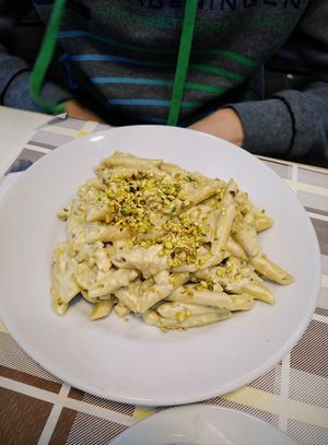 Delicious vegan pistachio pasta, so creamy!! at Bar Dolcezza in Catania