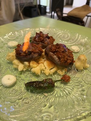 Funghi ripieni con “chorizo"  at La Veganesa in Cadiz