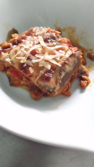 Lasaña de berenjenas, soja, salsa de tomate frito casero y bechamel de soja at La Veganesa in Cadiz