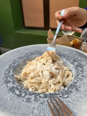 Rice pasta, with blue cheese and nuts at La Veganesa in Cadiz