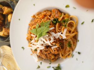 Spaghetti bolognaise. at La Veganesa in Cadiz