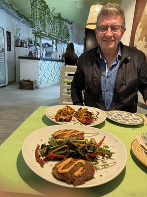 Stuffed eggplant and vegan skewers with veggies  at La Veganesa in Cadiz