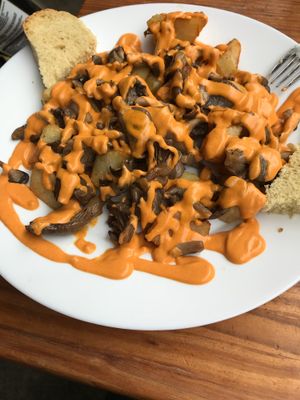 Potatoes and mushrooms with smokey sauce  at La Veganesa in Cadiz