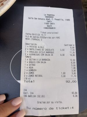 Receipt   at La Veganesa in Cadiz