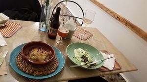 Lentil moussaka and tortilla filled pepper at La Veganesa in Cadiz