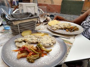 Satin black pepper grilled vegetables in potato. at La Veganesa in Cadiz