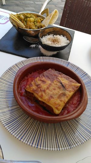 Vegan musaka and one typical Spanish dish, veganized, which's name I don't recall now :P at La Veganesa in Cadiz