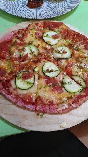 Pizza with beetroot crust. Delicious! at La Veganesa in Cadiz