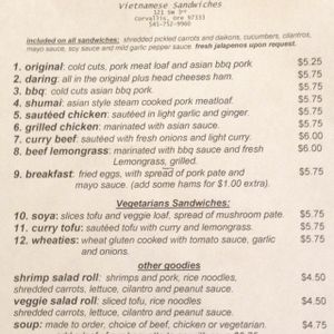 menu at Baguette in Corvallis