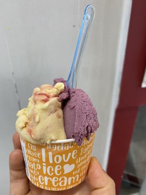 Peach Melba & blueberry vegan gelato  at I Dream of Gelato in Provincetown